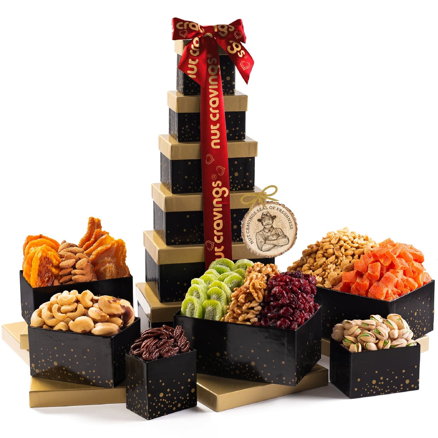 Nut Cravings Gourmet Collection - Rosh Hashana & Shana Tova Mixed Nuts Gift Basket Black Tower + Heart Ribbon (12 Assortments) A
