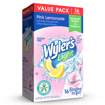 Wyler s Light Singles To Go Powder Packets, Water Drink Mix, Pink Lemonade, 16 Count, 6 Boxes (96 Single Servings)