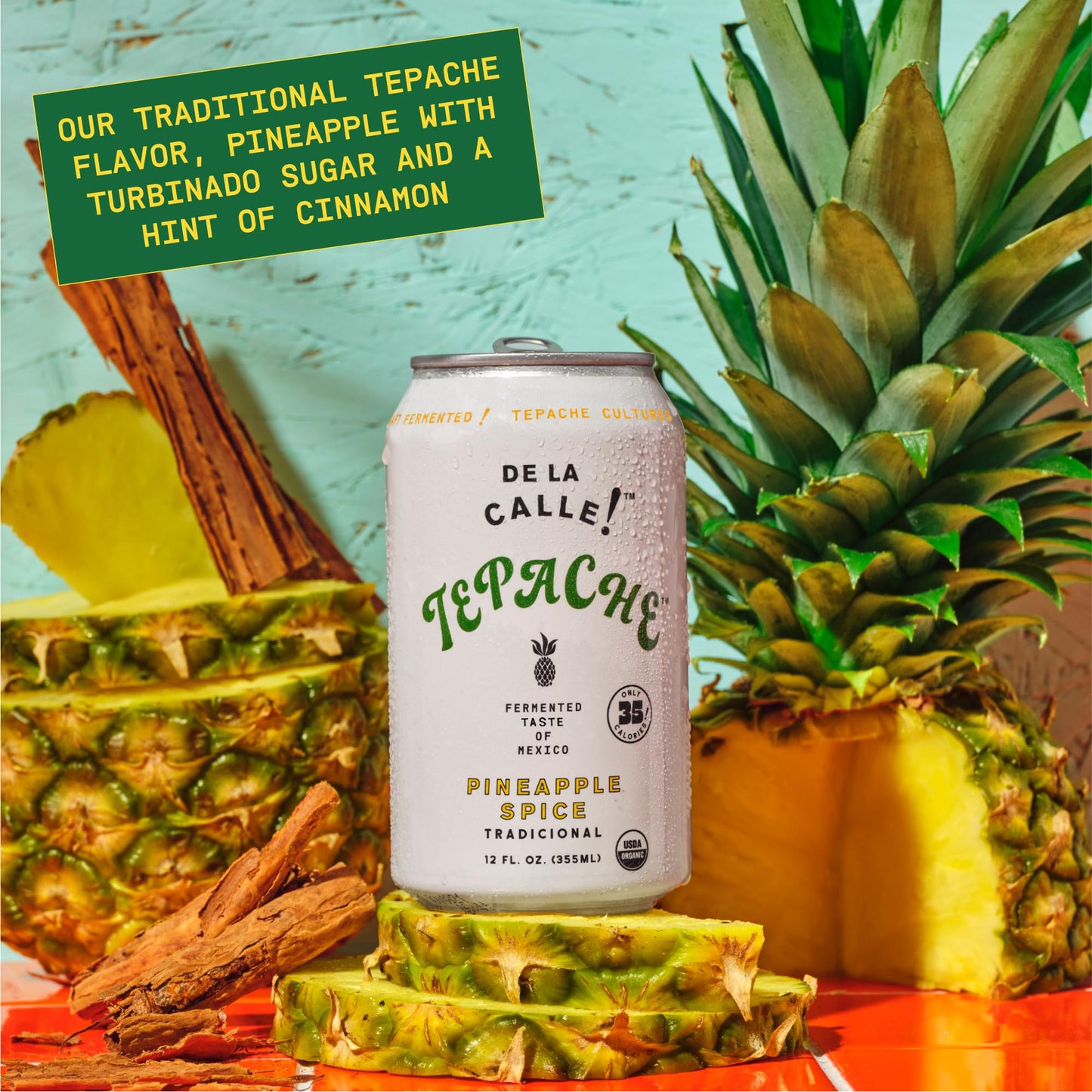 De La Calle Tepache - Pineapple Spice - Modern Mexican Soda - Craft Fermented Pineapple Sparkling Beverage - Certified Organic, Antioxidant Rich, Non- Ic, Healthy Soda, Low Sugar, Low Calorie, Non-Gmo