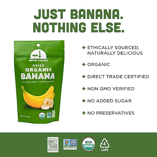 Mavuno Harvest Dried Banana Chips Fruit Snacks | Organic Dried Banana | Healthy Snacks For Kids & Mature-Themeds | Unsweetened Banana Chips | Gluten Free Snack | Vegan, Non Gmo, Direct Trade | 2 Oz, Pack Of 6