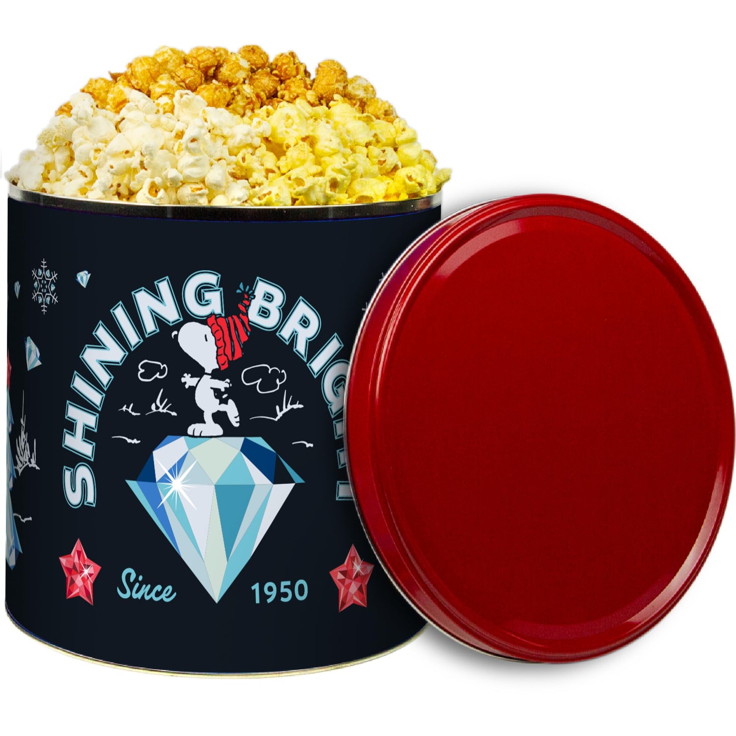 Giftpop Peanuts Snoopy Christmas Popcorn Tin With Three Flavors, Collectable Holiday Gift, 1 Pound 5 Oz.-Caramel, White Cheddar, Butter Flavor, 3 Gallon Tin