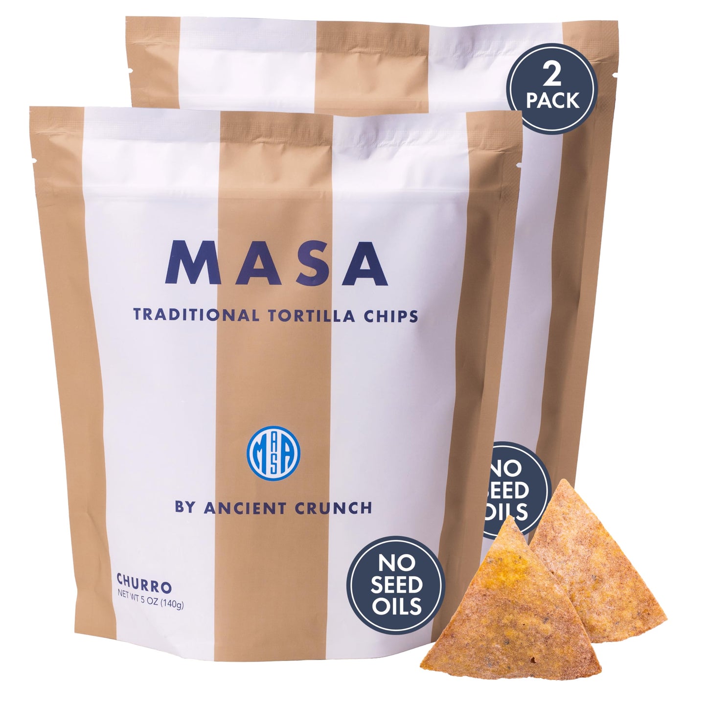 Ancient Crunch MASA Tortilla Chips Snack Pack - Organic, Gluten & Dairy Free, Seed Oil Free, 5oz Each, Beige (2 Pack)