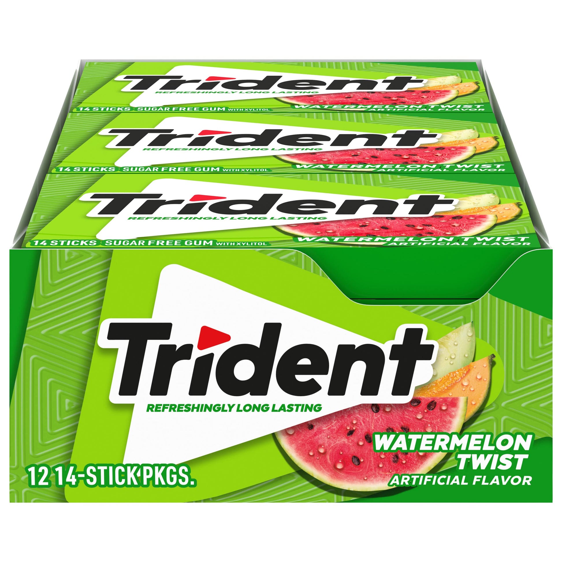 Trident Sugar-Free Chewing Gum, Watermelon Twist, 14 Pieces per Pack, 12 Packs, Total 168 Pieces