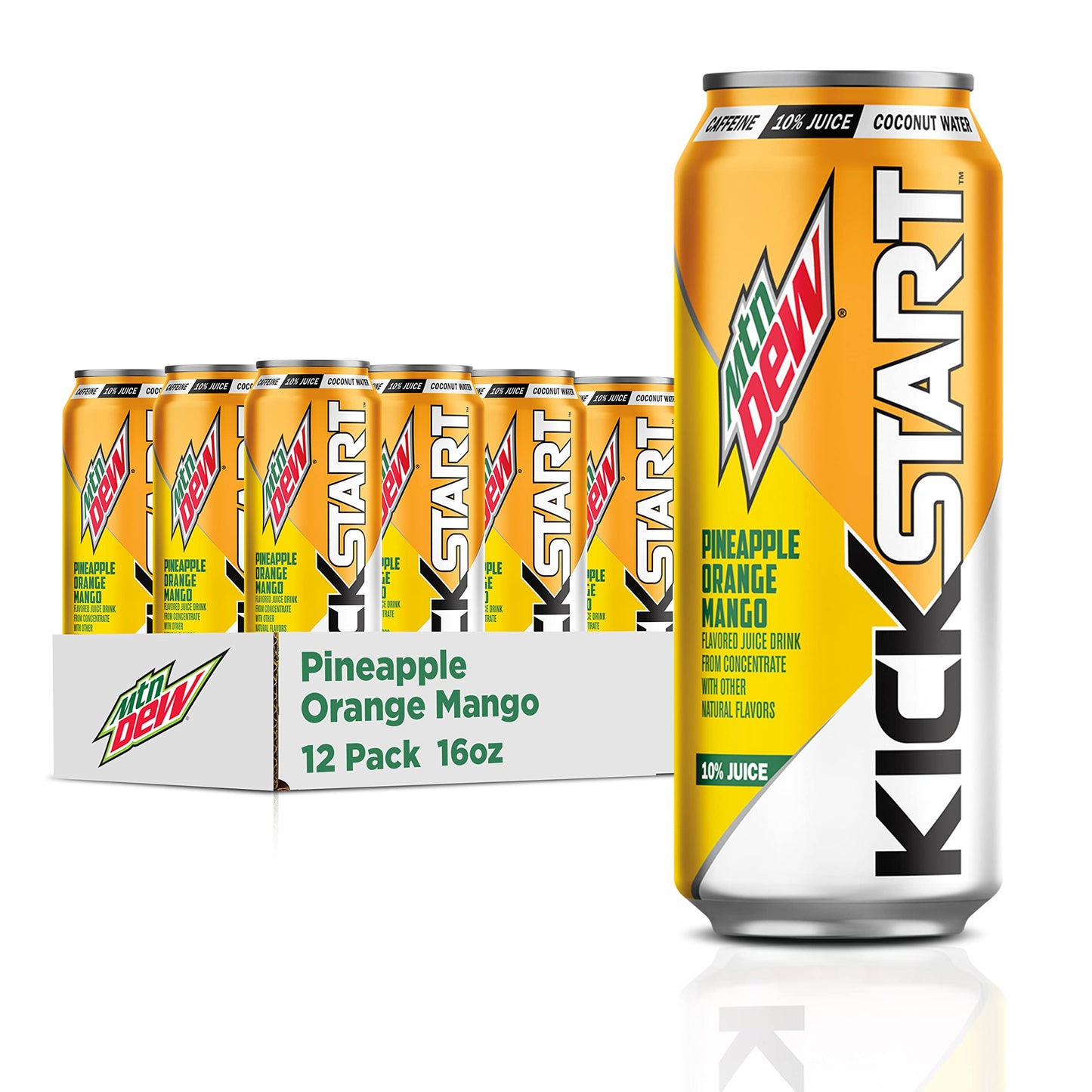 Mountain Dew Kickstart Pineapple Orange Mango, 90mg Caffeine, 80 Calories, 16 Fl Oz, Pack of 12, Orange/Red