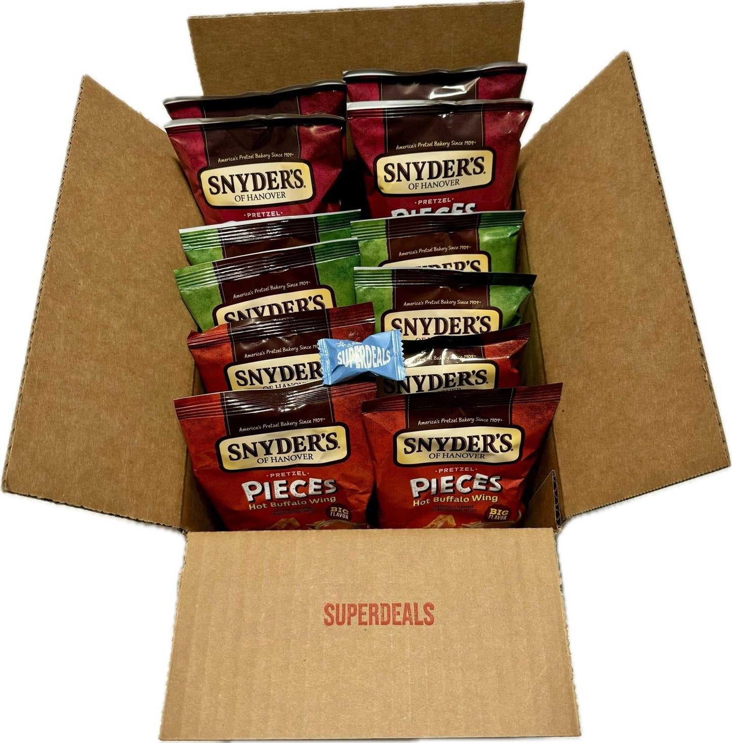 SUPERDEALS Snyders of Hanover Pretzel Pieces Variety Pack, 12 Bags, 2.25 Oz Each, Includes Honey Mustard, Jalapeno, Hot Buffalo Wing