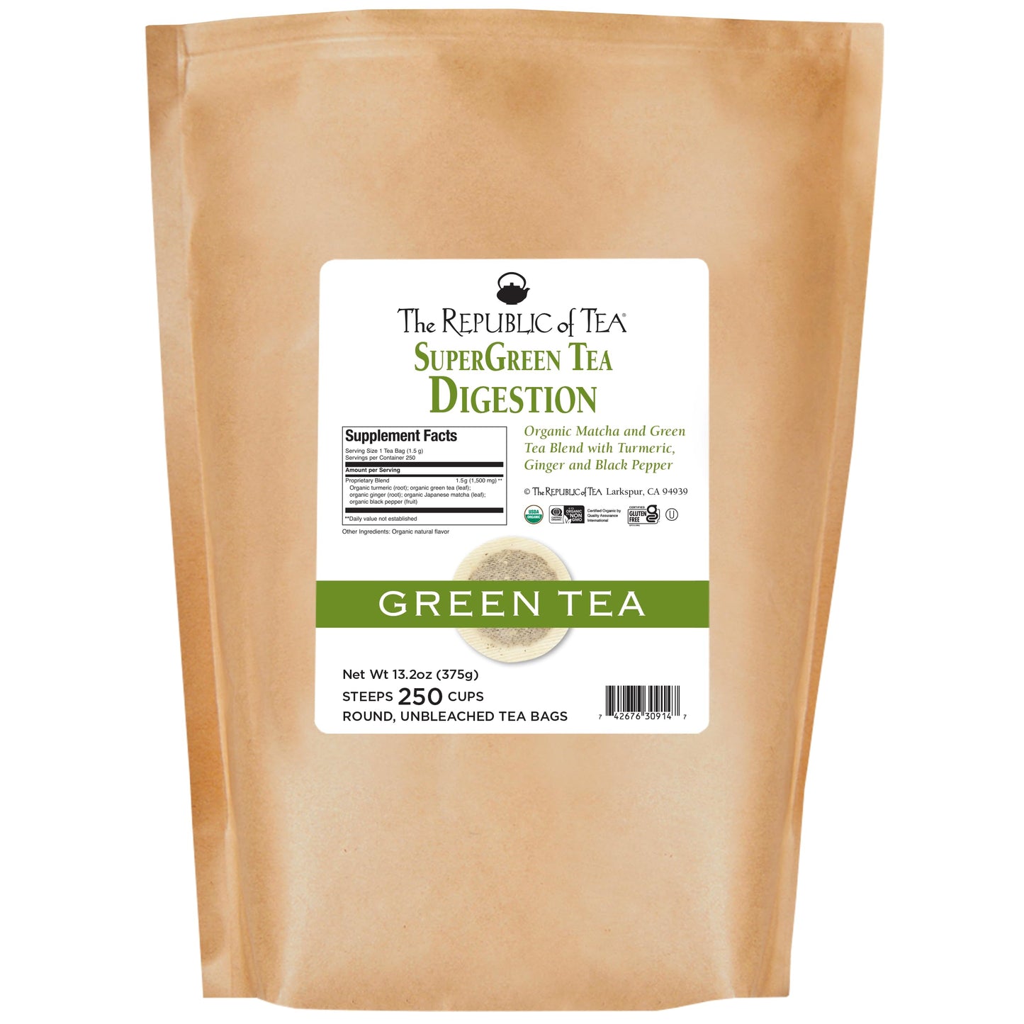 The Republic of Tea - Organic Digestion SuperGreen Tea Bulk Bag, 250 Tea Bags, Naturally Caffeinated Japanese Matcha and Green T