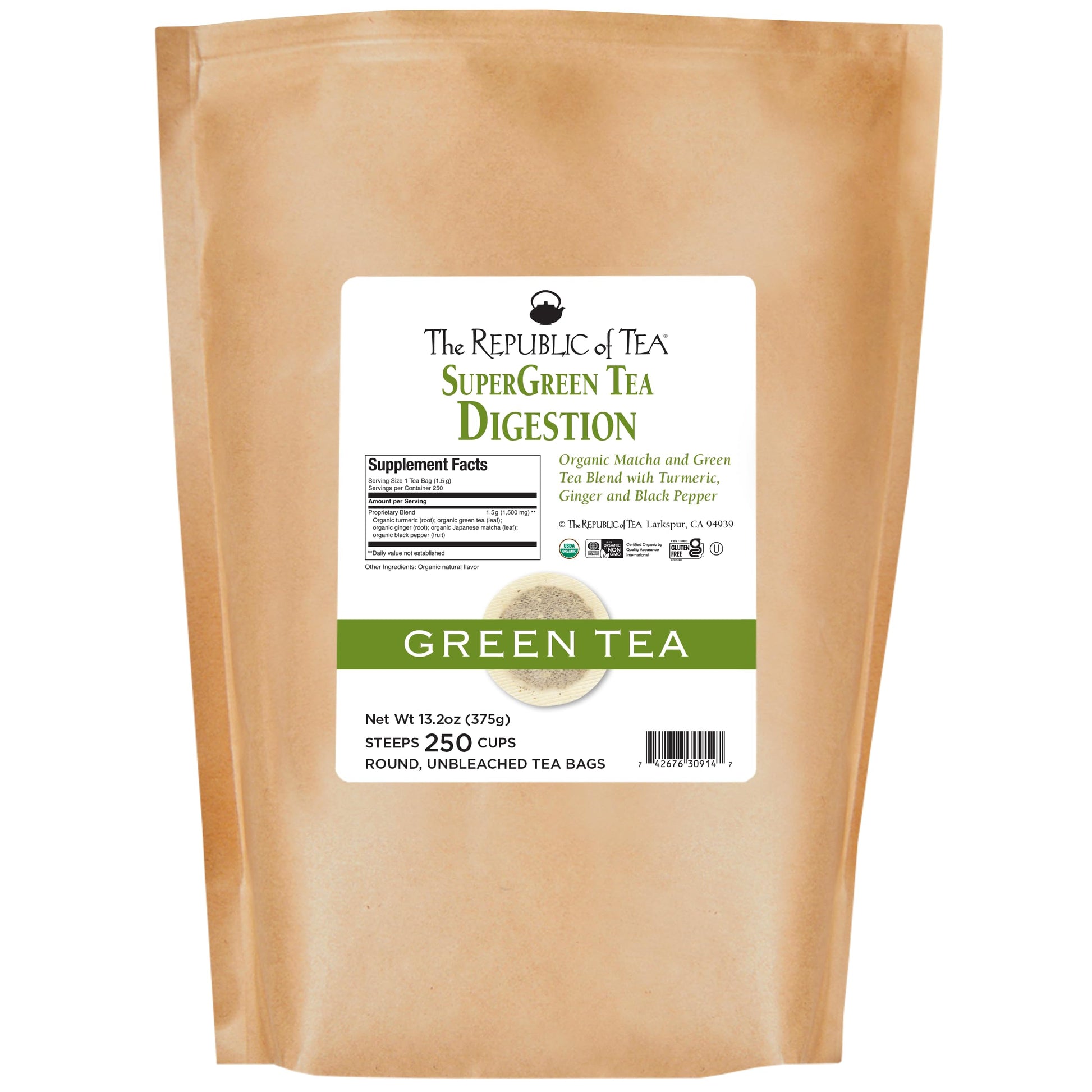 The Republic of Tea - Organic Digestion SuperGreen Tea Bulk Bag, 250 Tea Bags, Naturally Caffeinated Japanese Matcha and Green T