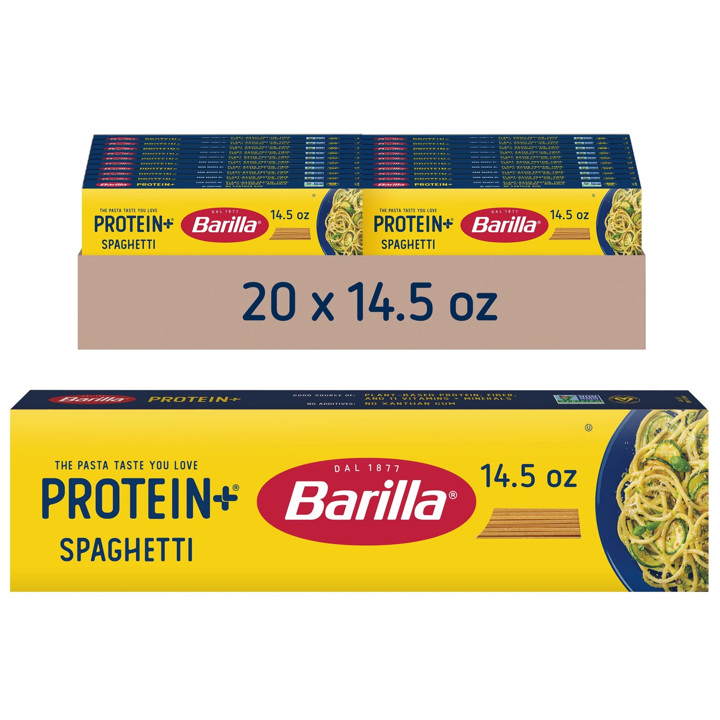 BARILLA Protein+ (Plus) Spaghetti Pasta, 14.5 Ounce (Pack of 20) - plant based pasta - Made from Lentils, Chickpeas & Peas - Non