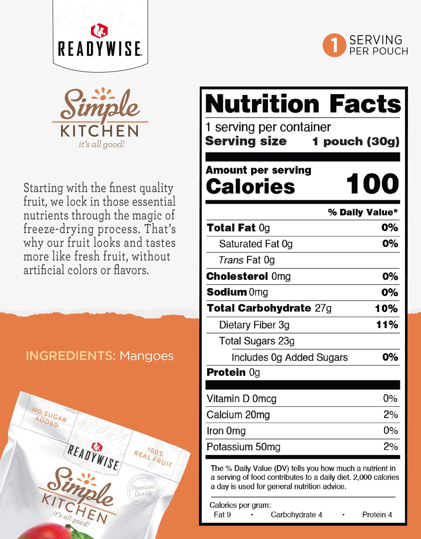 ReadyWise Freeze Dried Mangoes, Vegetarian, Gluten Free, 1.05 Ounce, Model SK02-011