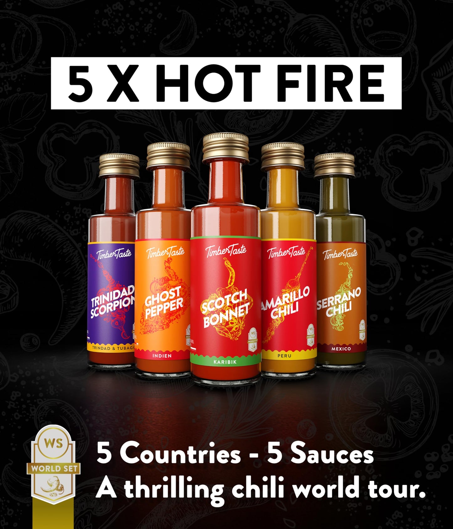 Timber Taste World Hot Sauce Gift Set [5X1.35 Oz] Hot Sauce Variety Pack - Spicy Condiment Set For Heat Lovers In Mini Bottles -