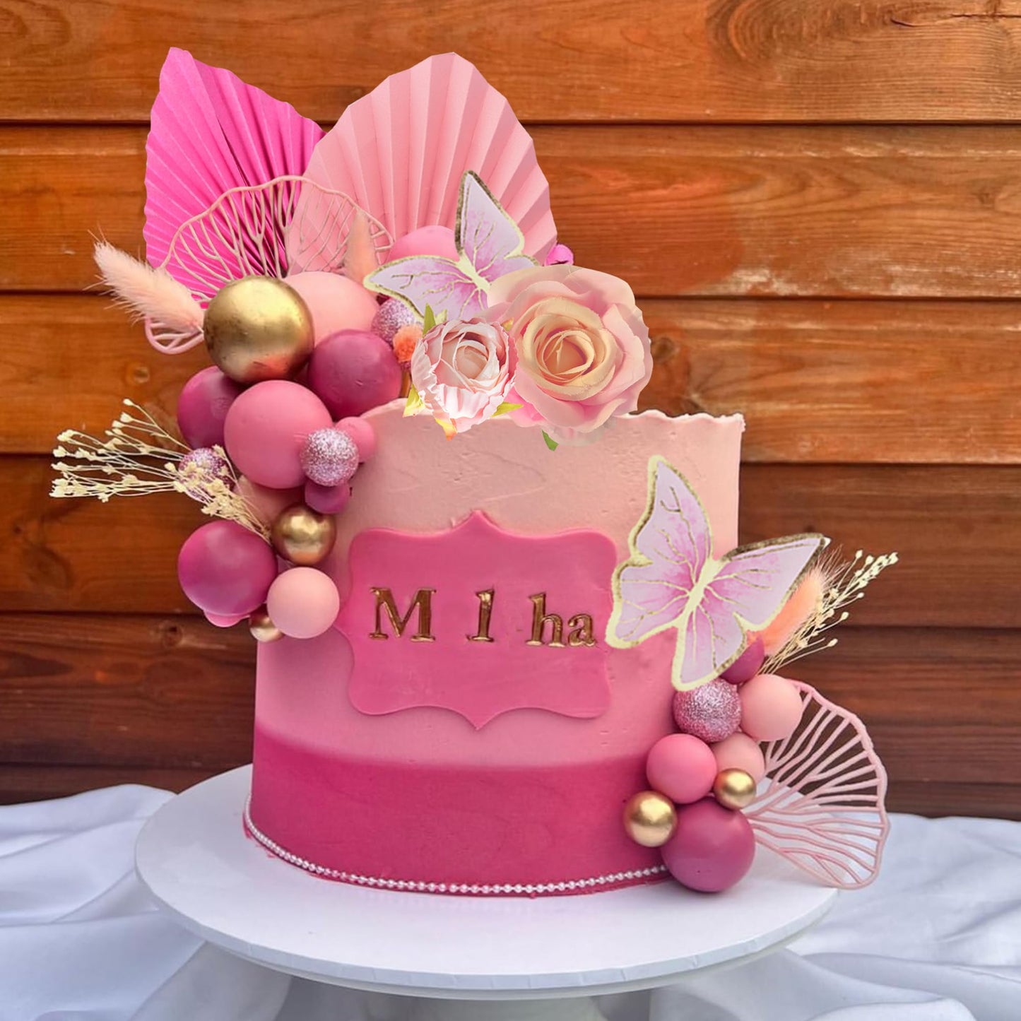 Flower Cake Topper Gold Palm Leaves Balls Cake Decoration For Baby Shower Birthday Party (Hot Pink)