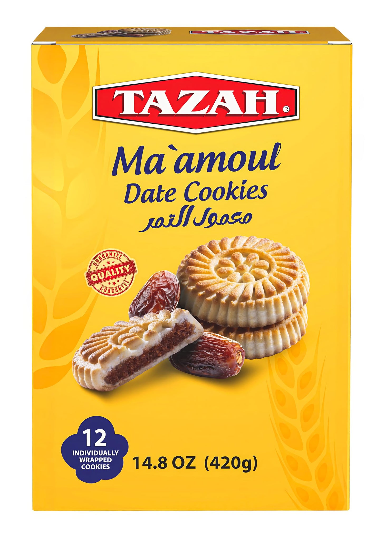 Tazah Maamoul Cookies Date Snack 100% Natural Date Filled Shortbread Date Cookies - 12 Count Individually Wrapped Mamoul