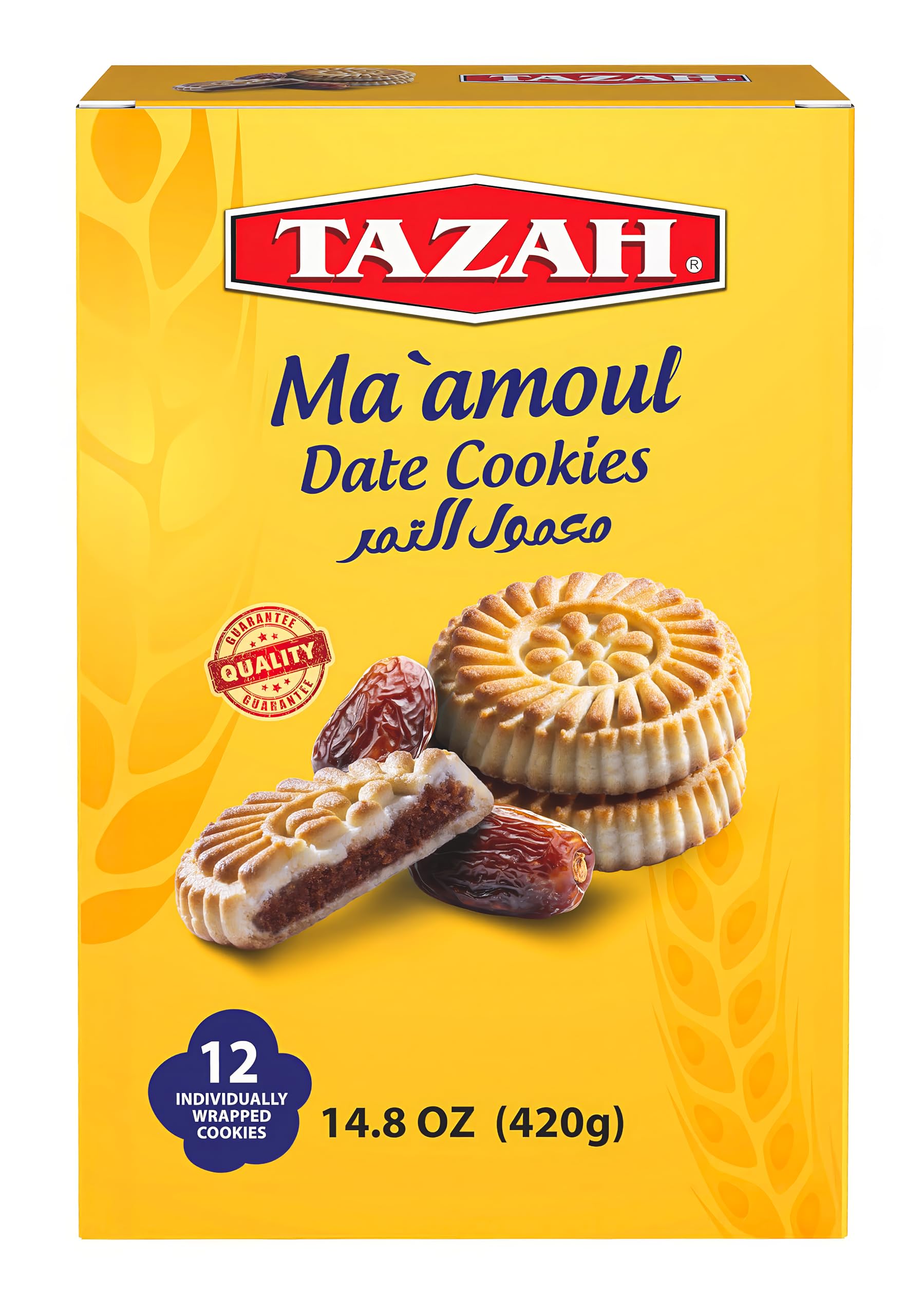 Tazah Maamoul Cookies Date Snack 100% Natural Date Filled Shortbread Date Cookies - 12 Count Individually Wrapped Mamoul