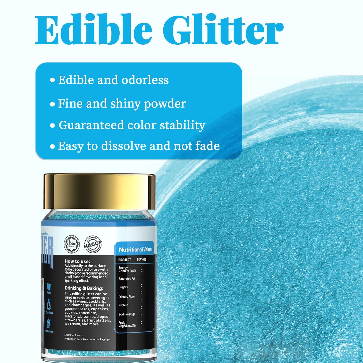 LOCDO Edible Glitter, Luster Dust for Drinks & Food, Vegan, Allergen-Free, Large 15G, Blue