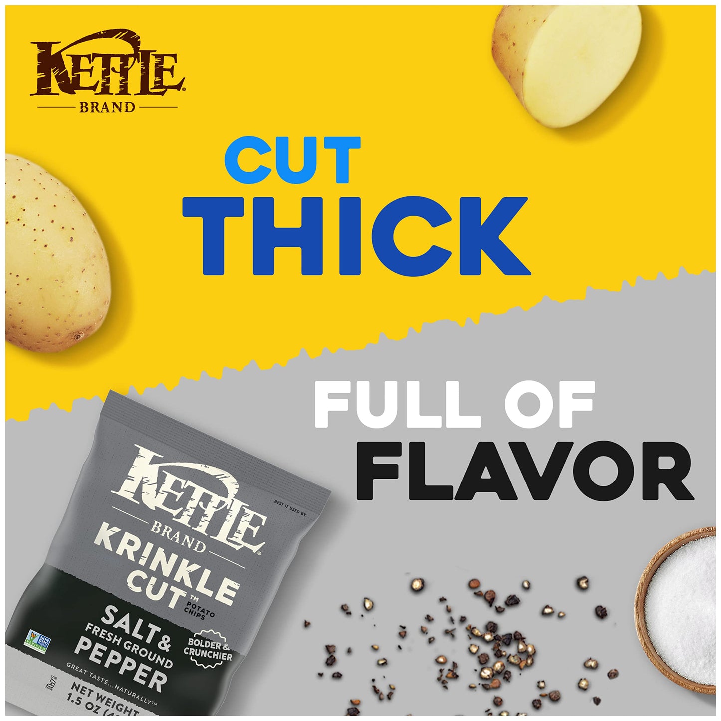 Kettle Brand Potato Chips, Krinkle Cut, Salt & Fresh Ground Pepper Kettle Chips, 1.5 Oz (Pack Of 24)