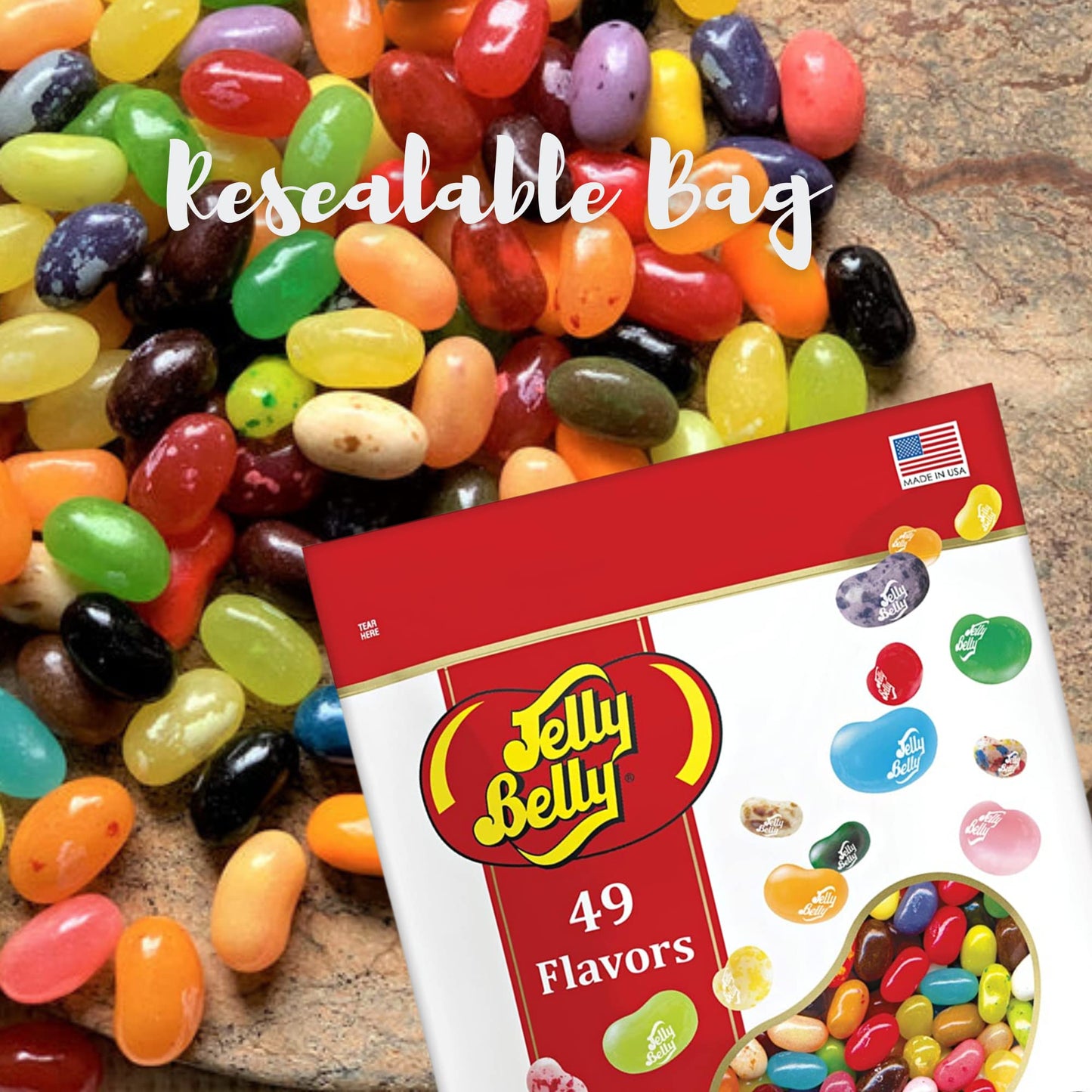 49 Assorted Jelly Bean Flavors Resealable Pouch, Gluten And Fat Free Shareable Bag Of Fruity Chewy Candy, 1.31 Lb