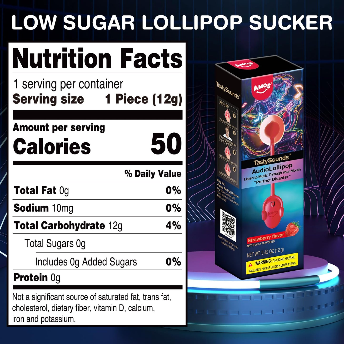 Amos Audio Music Lollipop Suckers, Sugar Free Singing Lollipop - Perfect Disaster, Natural Strawberry Flavor(Pack Of 1)