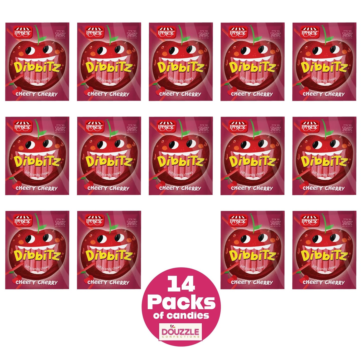 Douzzle Dibbitz Cherry, Candy Filled Straw Sticks (14 Count, Pack Of 1) Individually Wrapped Candies, Birthday Party Favors, Goo