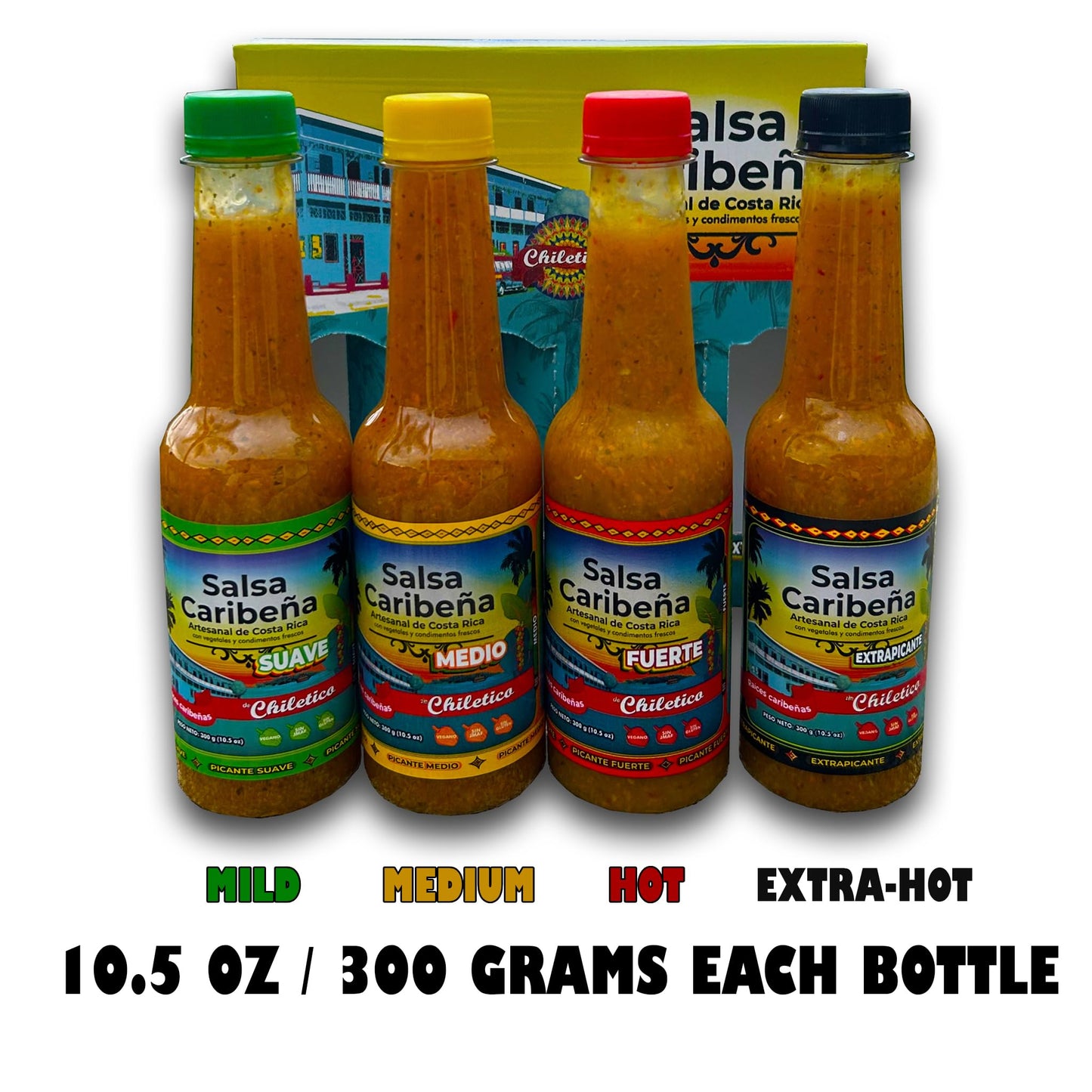 Chiletico Caribbean Hot Sauce Gift Set - Artisan Costa Rican handcrafted -Puerto Lim  n Inspired - Natural Ingredients - 4-Pack