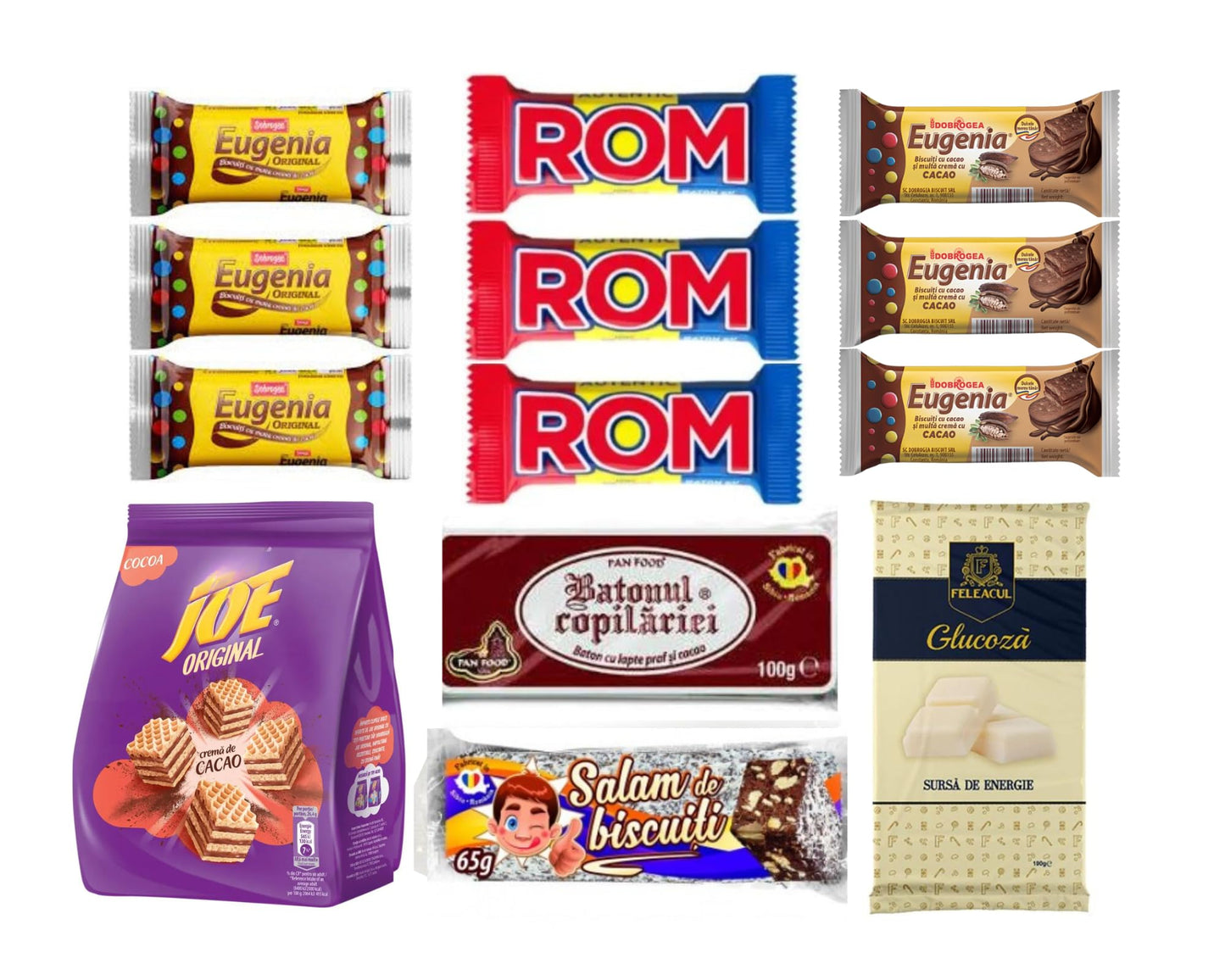 Romanian Sweet Snacks Variety Pack| Eugenia Original Biscuit, ROM Chocolate Bars, Eugenia w/Cacao, Joe Napolitane, Ciocolata de 