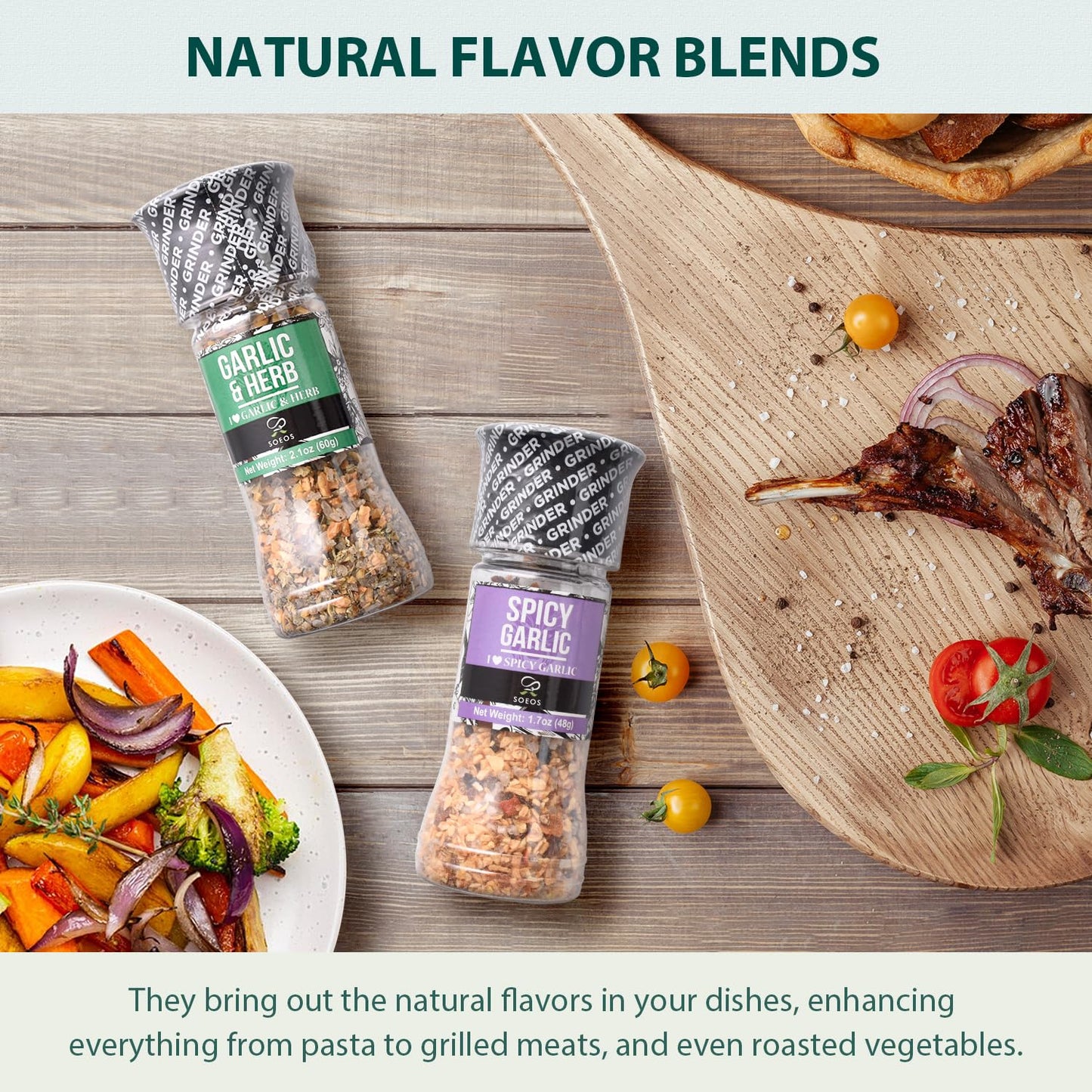 Soeos Spice Seasoning Set of 3 with Integrated Grinders, Spicy Garlic, Garlic & Herbs, Garlic Salt, Seasoning Gift Set.