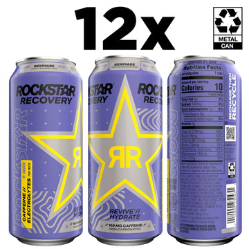 Rockstar Recovery Energy Drink, Berryade, 16 Fl Oz Cans, 12 Pack, Hydration with Electrolytes & B Vitamins, 160mg Caffeine