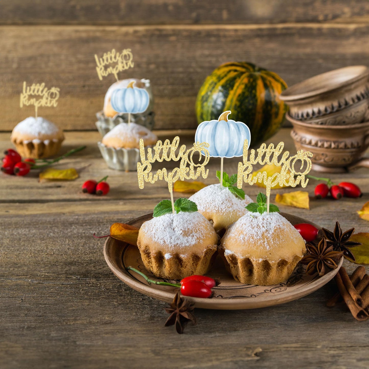 Gyufise 24Pcs Little Pumpkin Cupcake Toppers Blue Pumpkin Cake Toppers Gender Reveal Cake Decorations For Thanksgiving Birthday