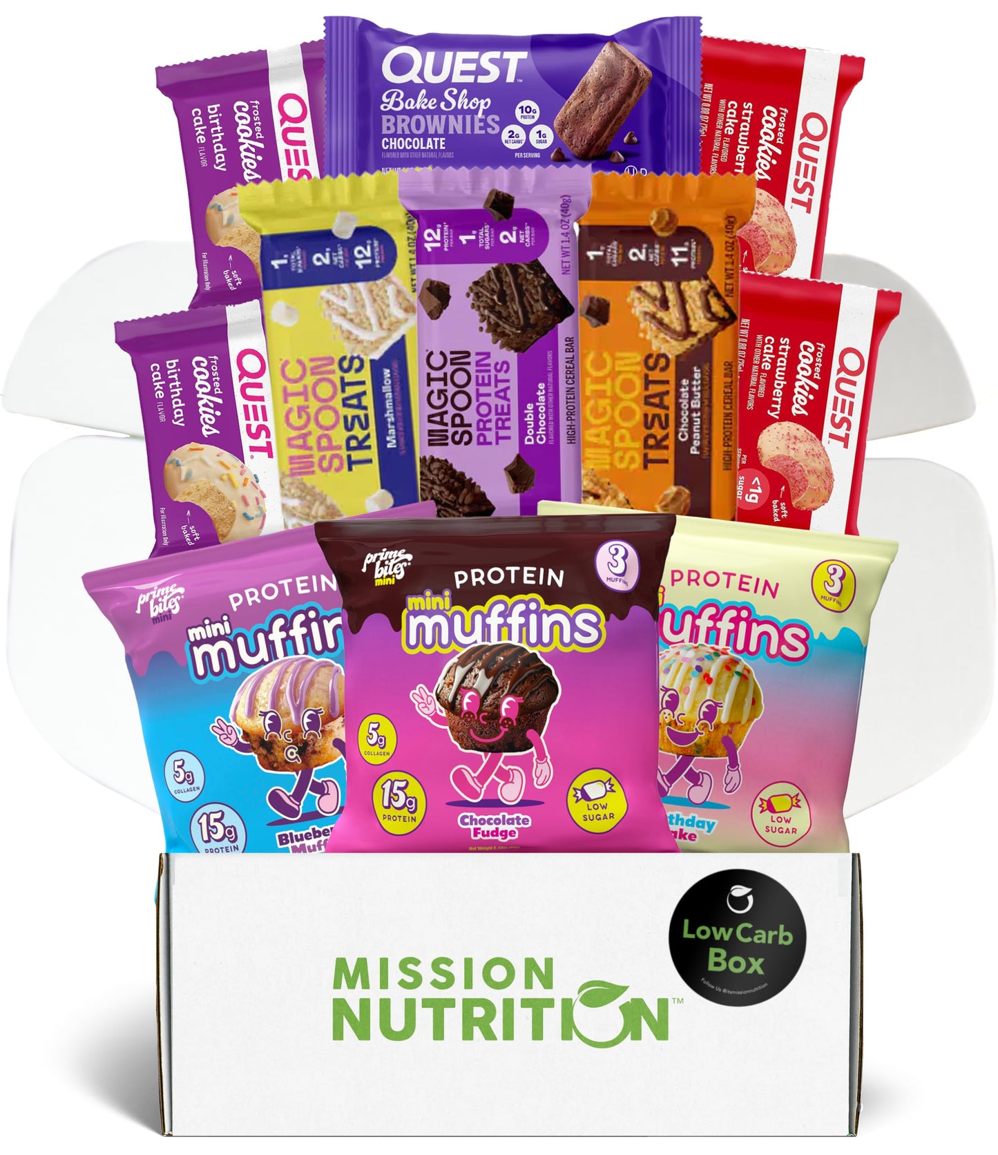 Mission Nutrition Protein Snack Box - Prime Bites Mini Muffins, Magic Spoon Treats Bar, Quest Brownie & Frosted Cookies - 11 Pieces