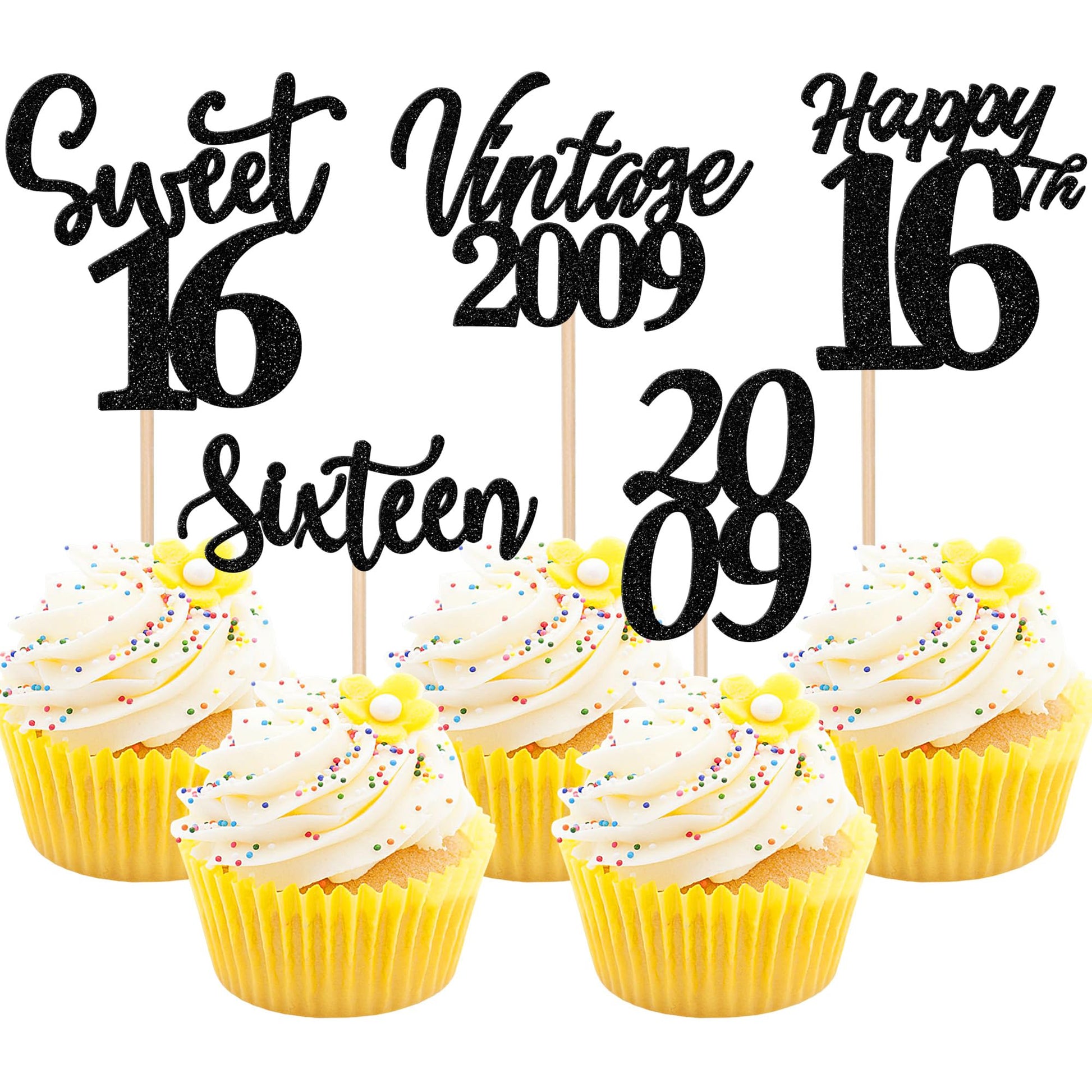 30PCS Happy 16th Birthday Cupcake Toppers Cheers to 16 Vintage 2009 Cupcake Picks Hello 16 Sixteen 16th Birthday Decorations for