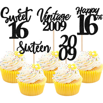 30PCS Happy 16th Birthday Cupcake Toppers Cheers to 16 Vintage 2009 Cupcake Picks Hello 16 Sixteen 16th Birthday Decorations for