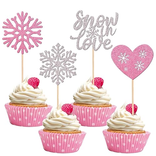 24 Pcs Snowflake Snow In Love Cupcake Toppers Glitter Heart Winter Frozen Snowflake Cupcake Picks For Bridal Shower Wedding Anni