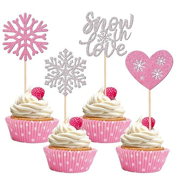 24 Pcs Snowflake Snow In Love Cupcake Toppers Glitter Heart Winter Frozen Snowflake Cupcake Picks For Bridal Shower Wedding Anni