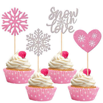 24 Pcs Snowflake Snow In Love Cupcake Toppers Glitter Heart Winter Frozen Snowflake Cupcake Picks For Bridal Shower Wedding Anni