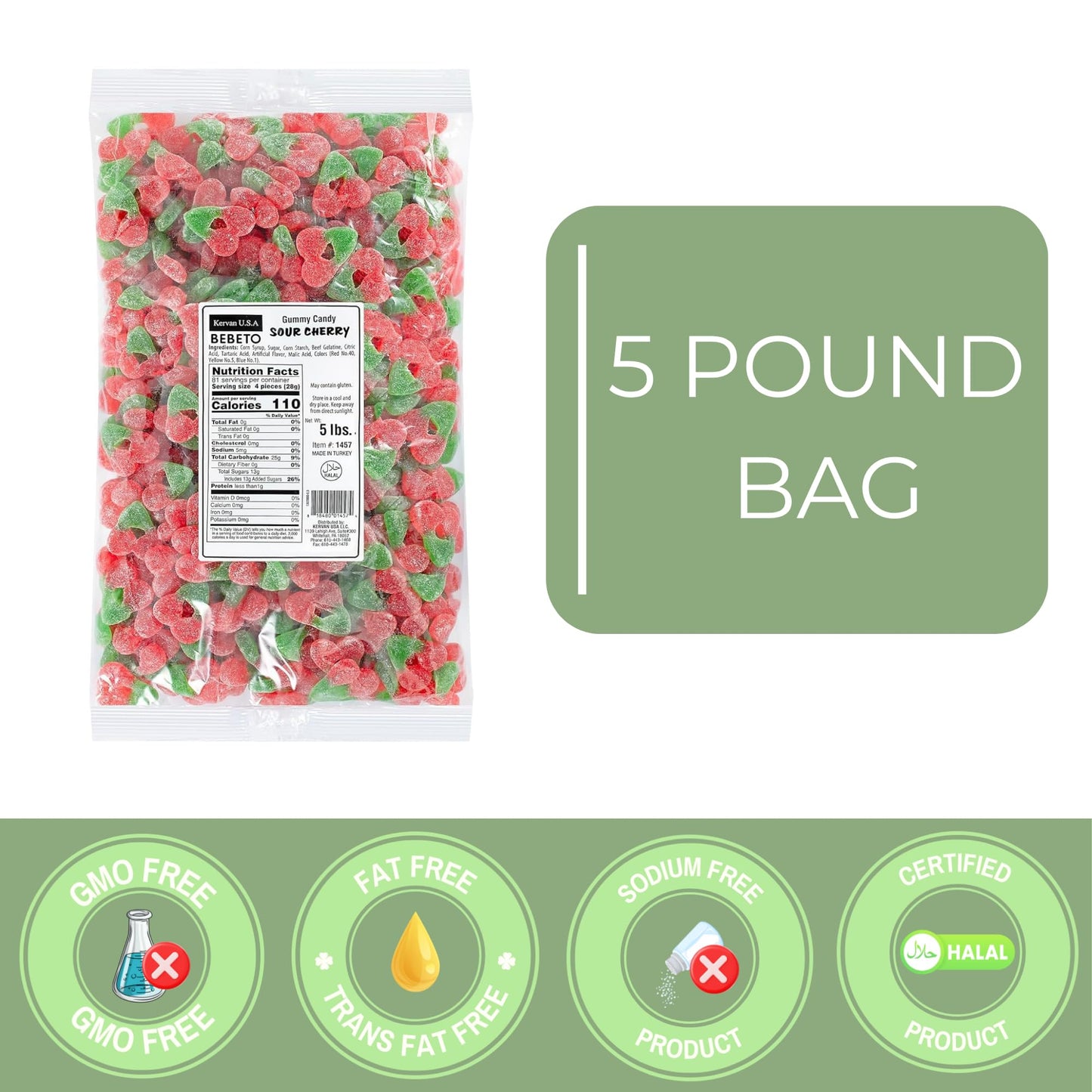 Kervan Candy Bebeto Sour Cherry – Fruity, Soft & Sour Gummy Candy Bulk For Kids, Gift Snacks And Parties – Sour Cherry Gummies Big Party Size Bag (5 Lbs)