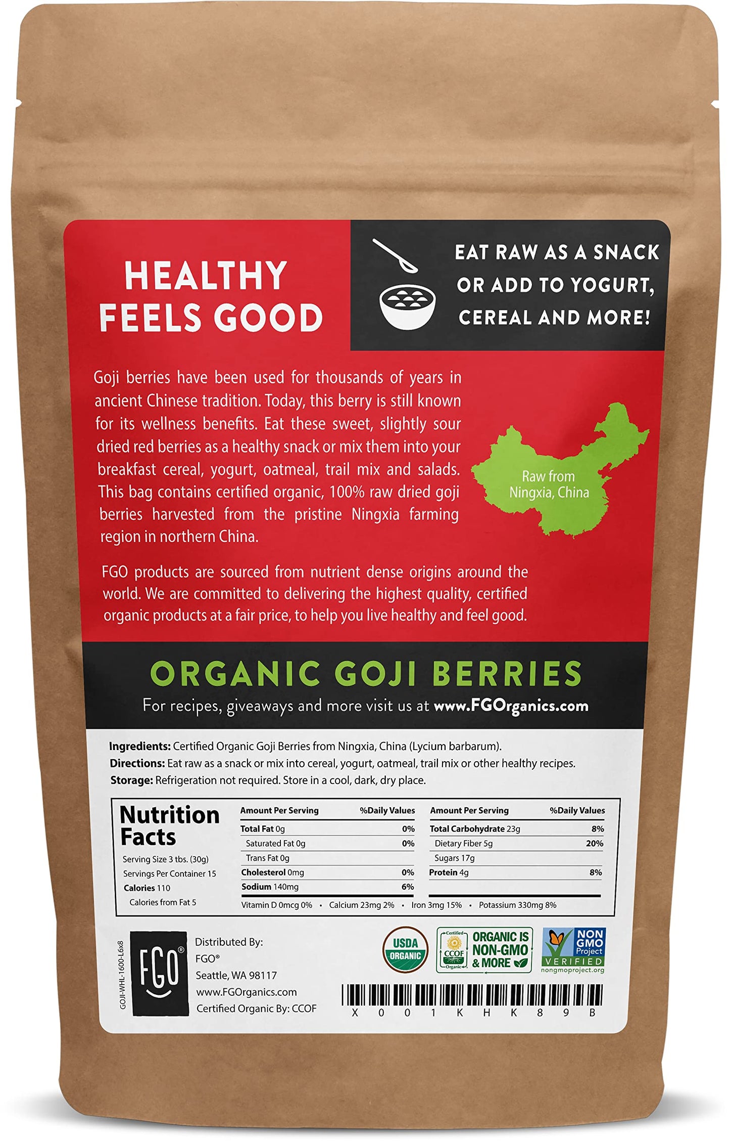 FGO Organic Goji Berries, Large & Chewy, from Ningxia, 16oz, Packaging May Vary (Pack of 1)