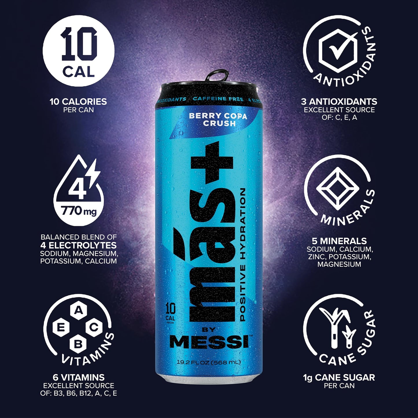 Más+ by Messi Berry Copa Crush Sports Drink, 19.2oz, 12-pack, Natural Flavors, Vitamins & Electrolytes, No Artificial Sweeteners