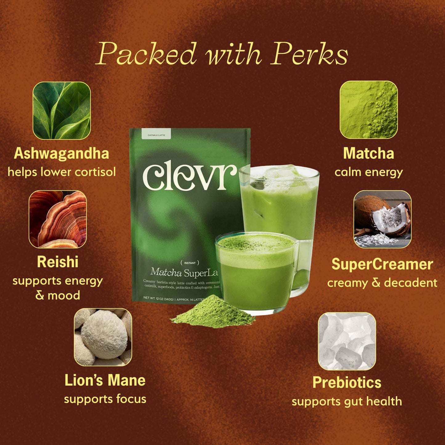 Clevr Blends Organic Matcha Green Tea Latte  Instant Ceremonial Grade  Superfood Powder Blend with Oat Milk  Lions Mane  Reishi Mushroom  Coconut Cream  Ashwagandha  Serve Hot or Iced  (30 Lattes)