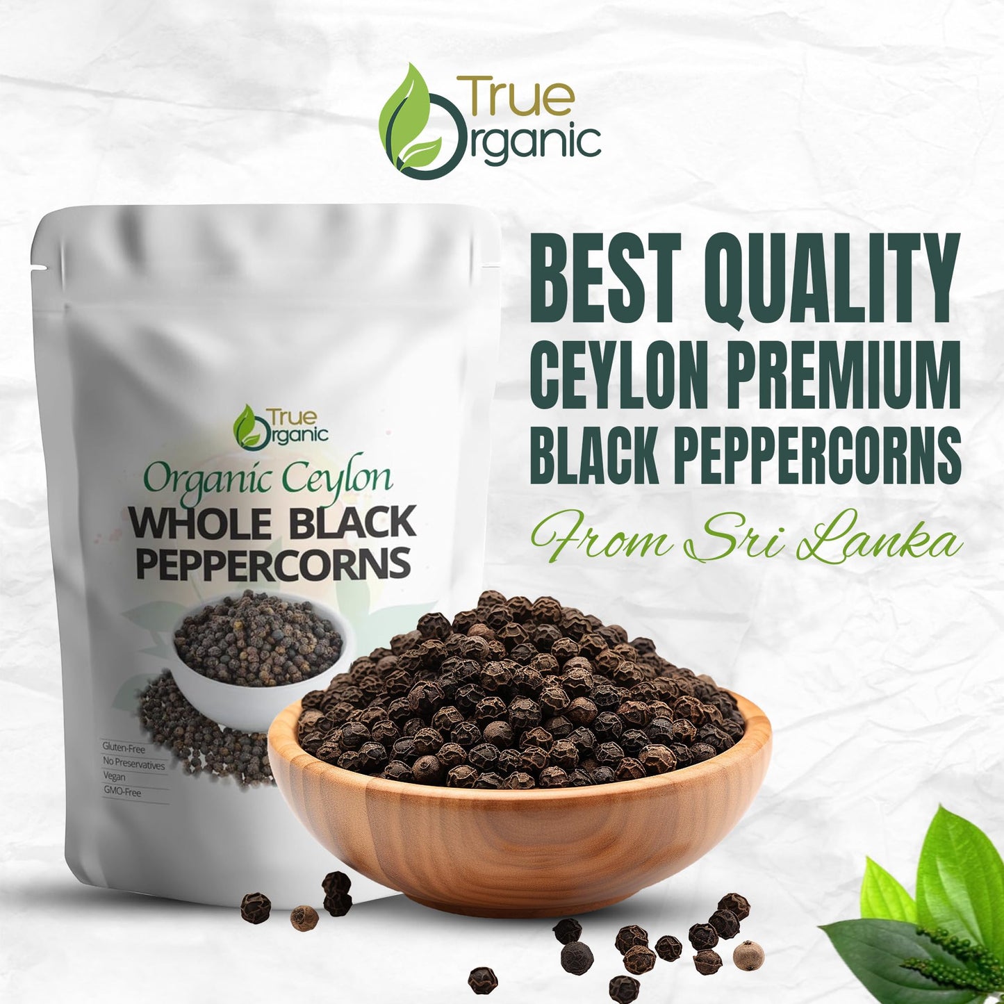 True Organic Ceylon Black Peppercorns Whole, USDA & Kosher Certified, Gluten-Free, 16 Oz, Non-GMO, Perfect for Grinder Refill