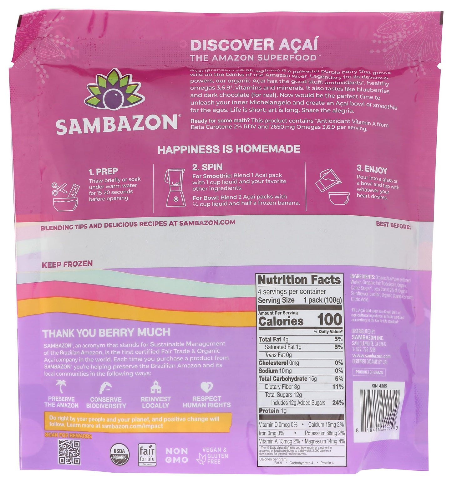 Sambazon Acai Berry and Guarana Smoothie Superfruit Pack, 14.1 Ounce, 4 Count