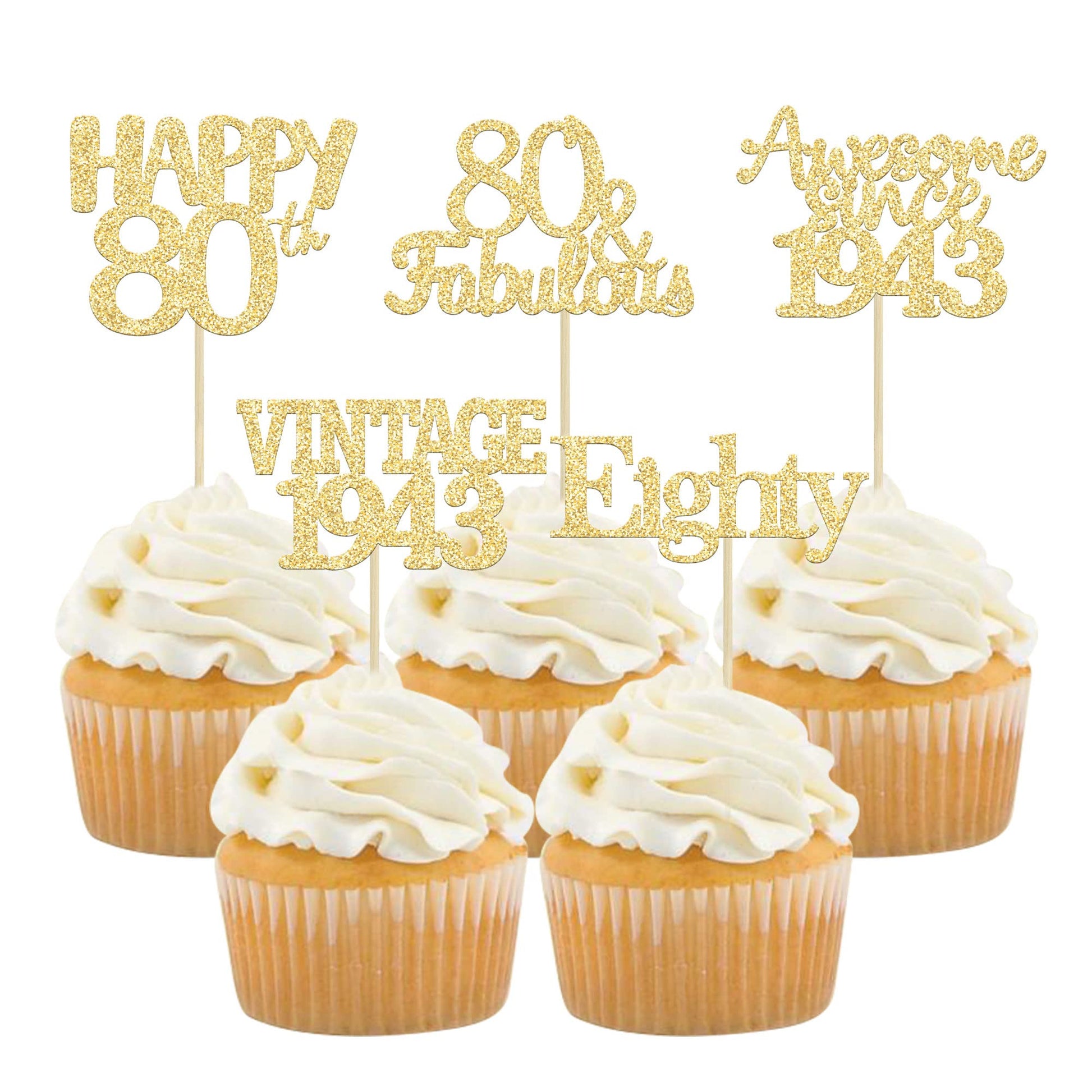 Gyufise 30Pcs Gold Glitter 80Th Birthday Cupcake Toppers Vintage 1943 Awesome Since 1943 Hello 80 Cake Topper Seventy 80 & Fabul