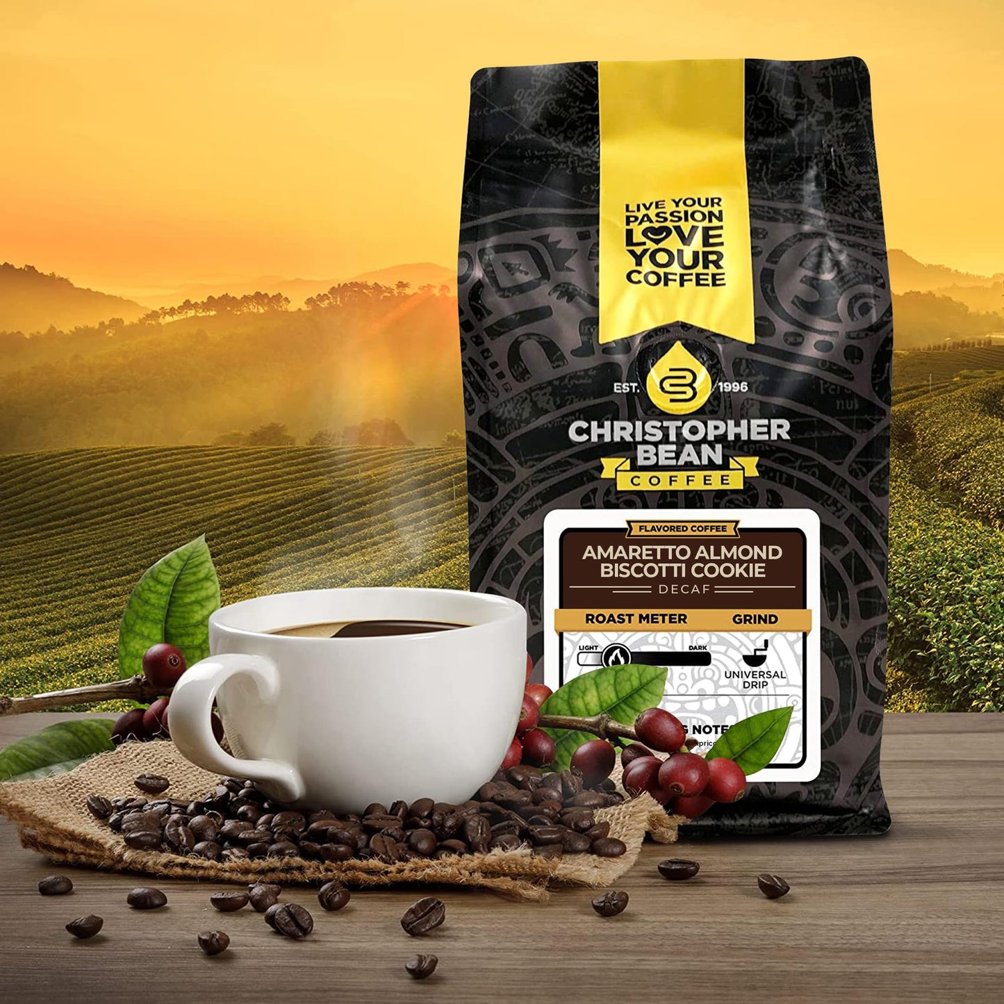 Christopher Bean Coffee - Certified Kosher, Decaf Ground Universal Drip Amaretto Almond Biscotti Coffee | Amaretto Flavored Medium Roast Coffee 100% Arabica, No Sugar, No Fats, Non-Gmo | 10-Ounce
