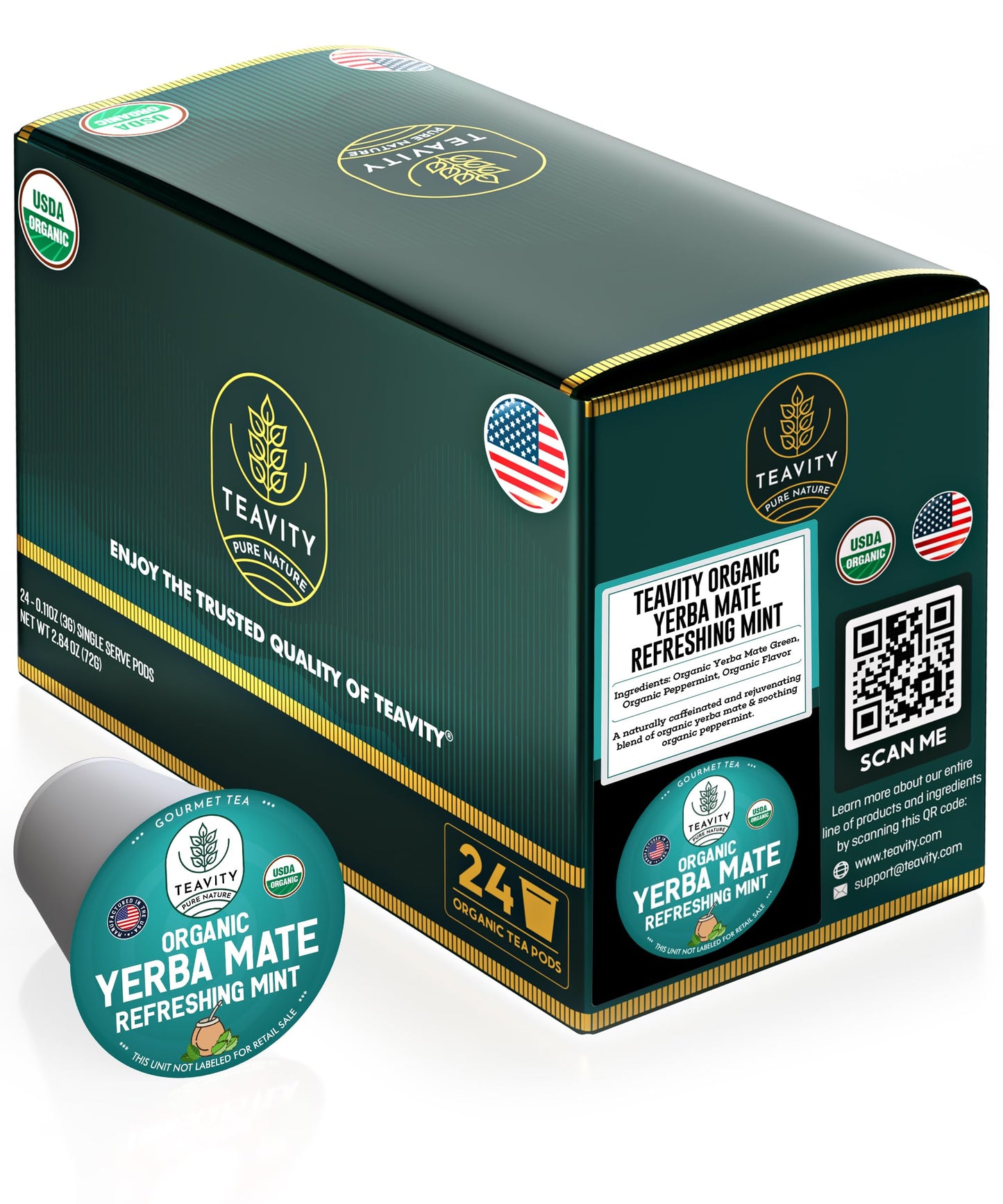 Teavity Organic Yerba Mate Tea Pods - Refreshing Mint Flavor, Naturally Caffeinated, 24 Count, Compatible with Keurig Brewers