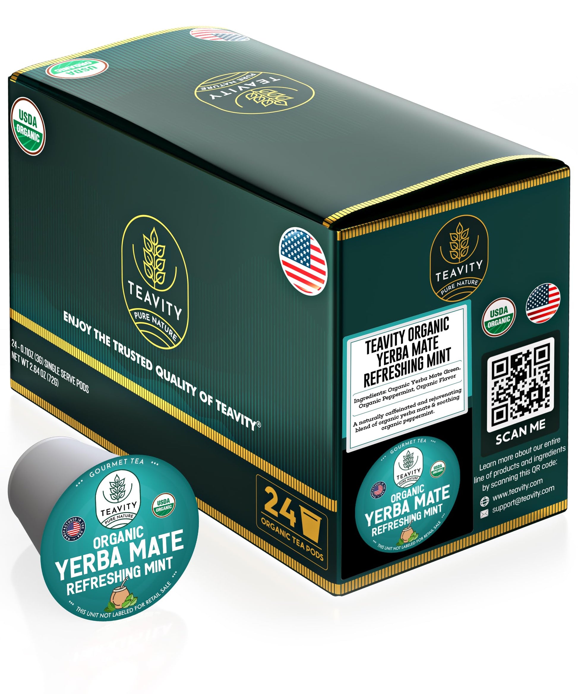 Teavity Organic Yerba Mate Tea Pods - Refreshing Mint Flavor, Naturally Caffeinated, 24 Count, Compatible with Keurig Brewers