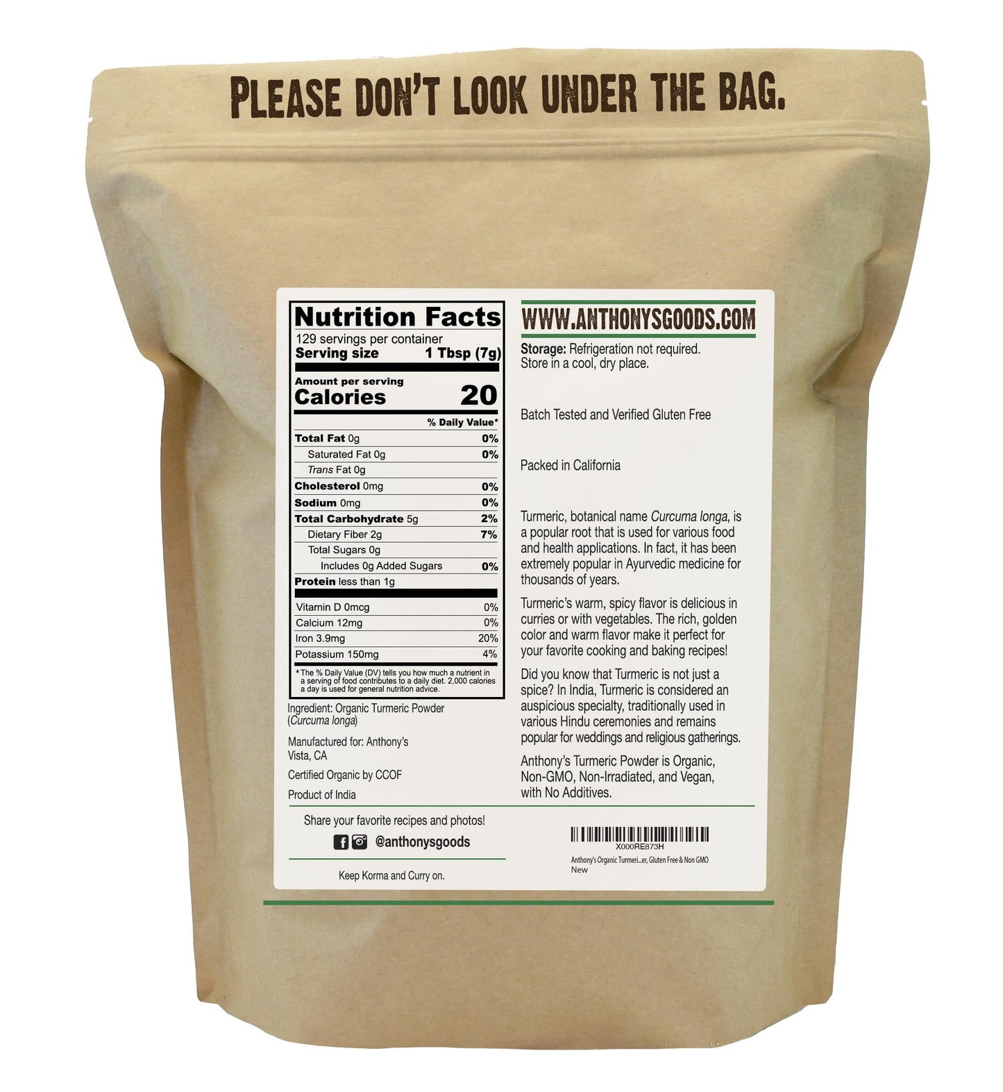 Anthonys Organic Turmeric Root Powder, 2 lb, Curcumin Powder, Gluten Free & Non GMO (Pack of 1)