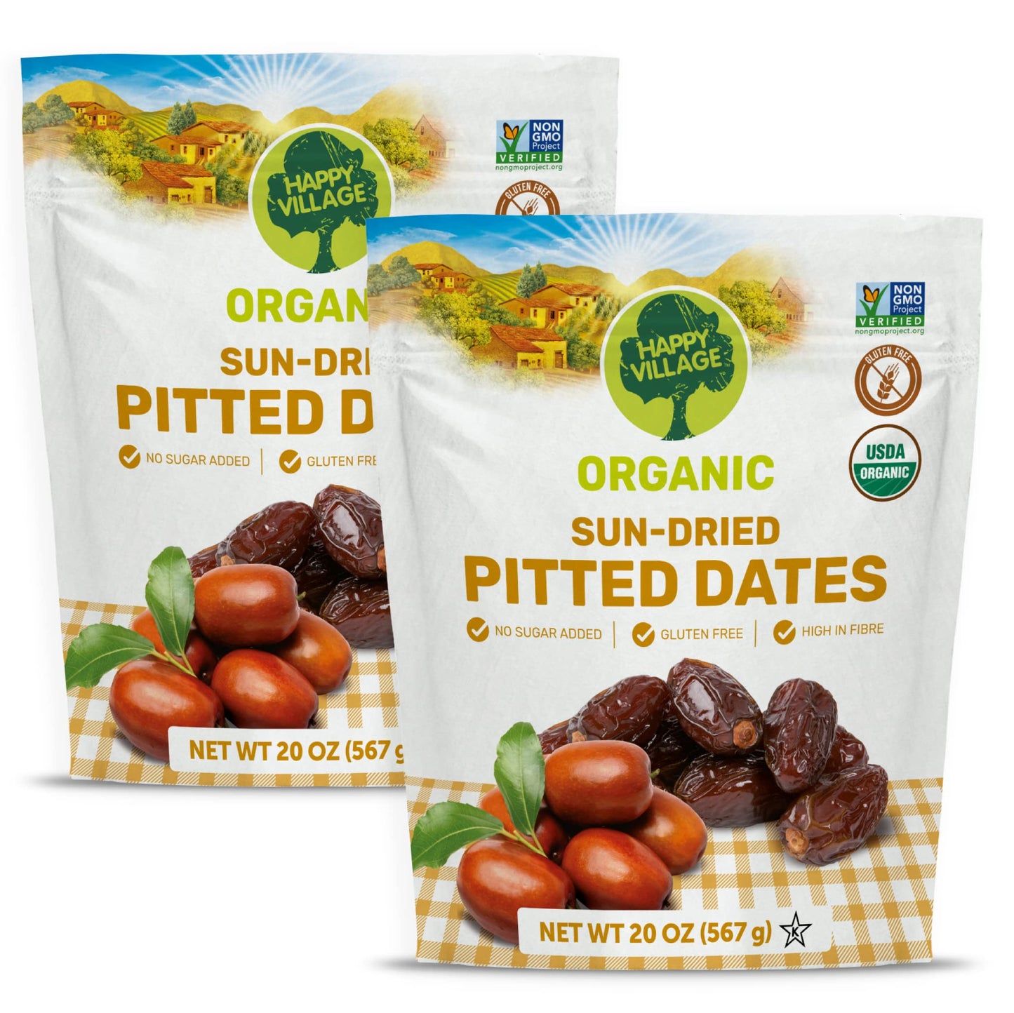 Happy Village Organic Pitted Dates, No Sugar Added, 40 OZ (2 Packs of 20 OZ), Kosher, Non-GMO, Vegan, Unsweetened