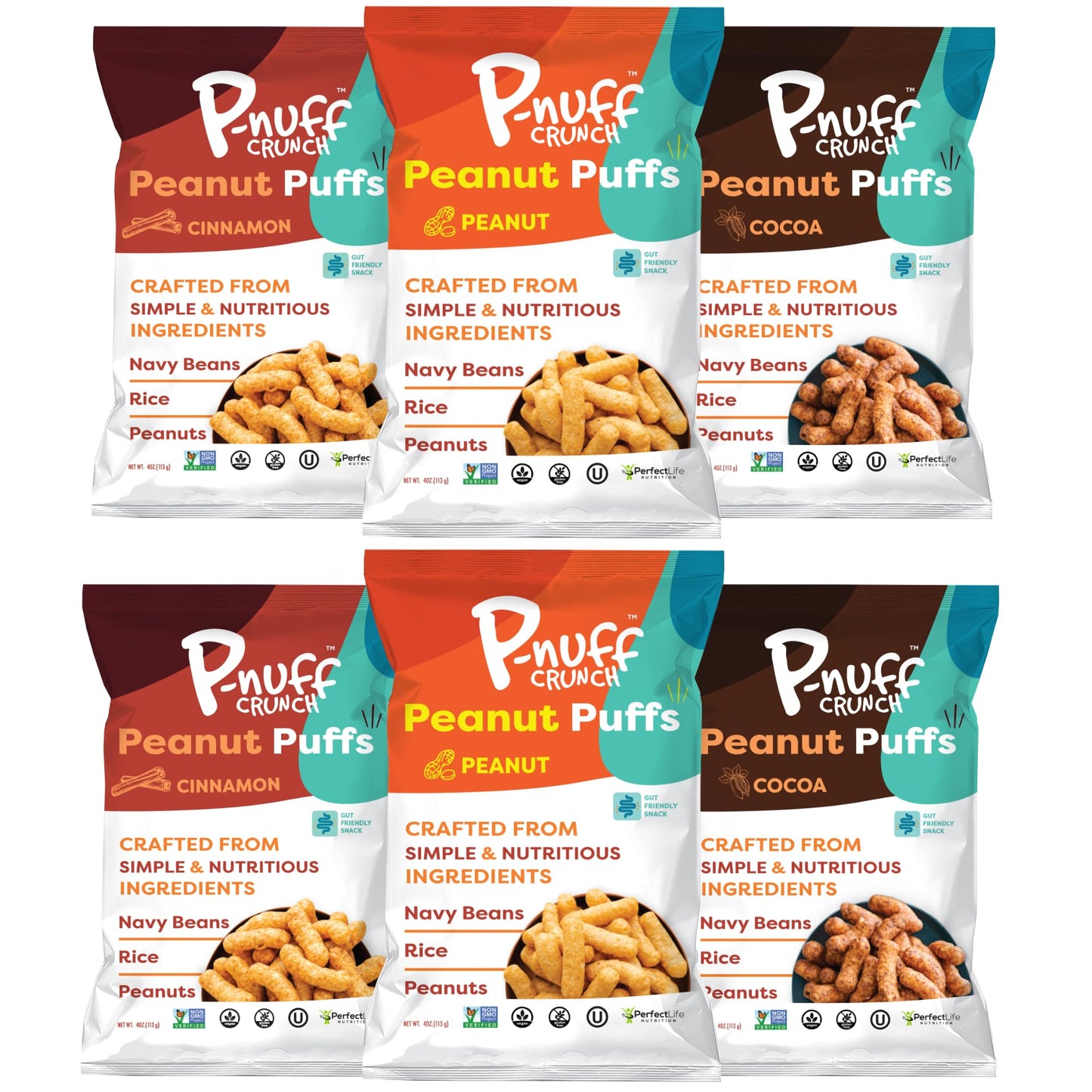 Pnuff Crunch | Peanut Protein Puffs - Variety Pack (6 x 4 oz Bags) | High Protein, Low Sugar, Plant-Based, Gluten-Free, Clean In
