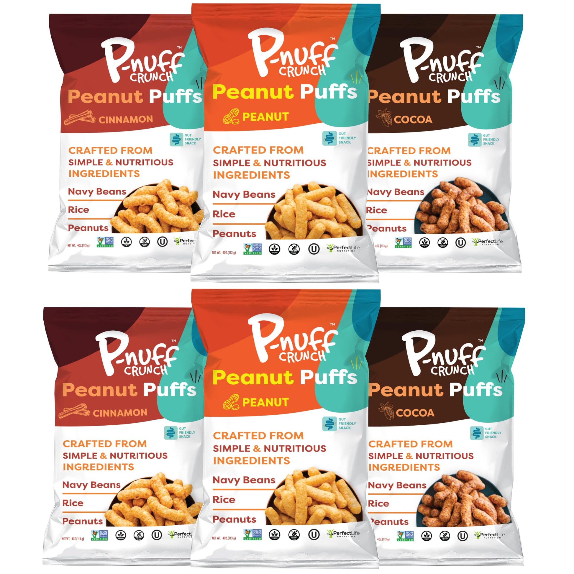 Pnuff Crunch | Peanut Protein Puffs - Variety Pack (6 x 4 oz Bags) | High Protein, Low Sugar, Plant-Based, Gluten-Free, Clean In