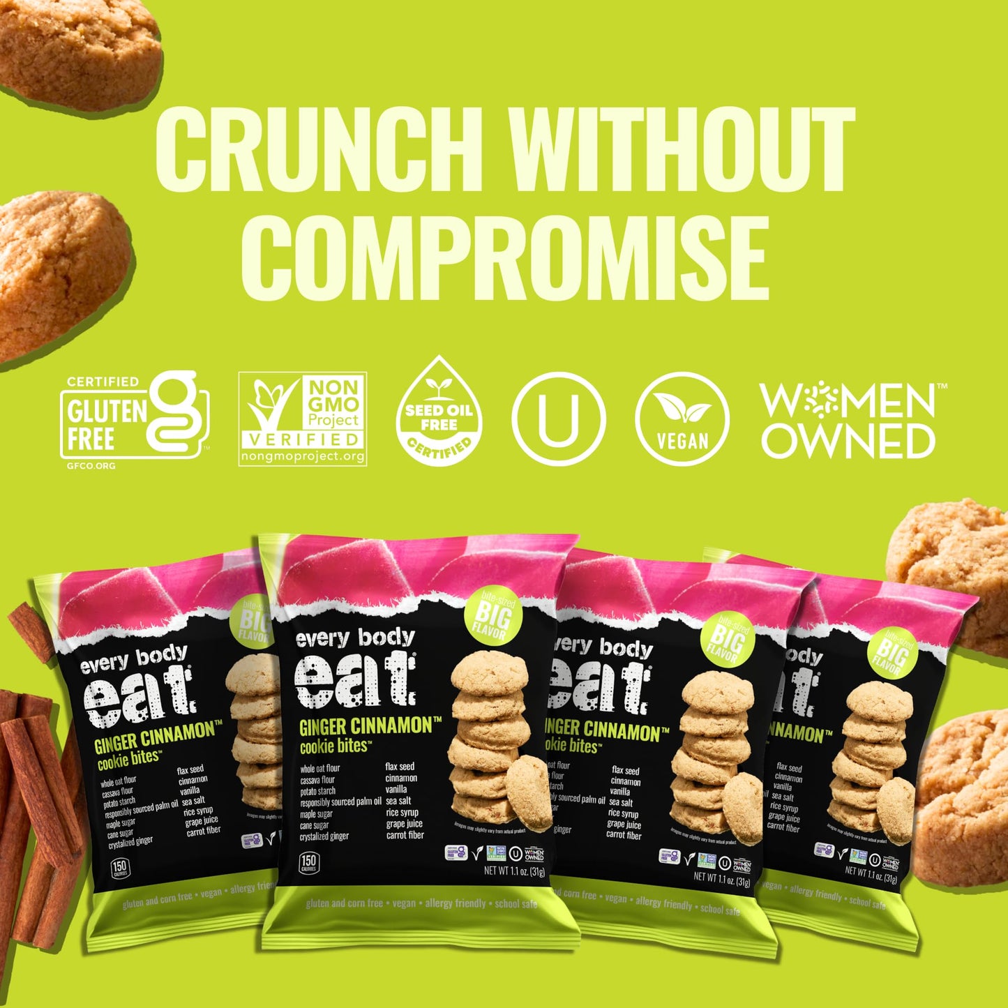 Every Body Eat Crunchy Cookie Bites, Gluten & Dairy Free, Vegan, School Safe Lunch Snacks, Single Serve (Pack Of 20) (Ginger Cin