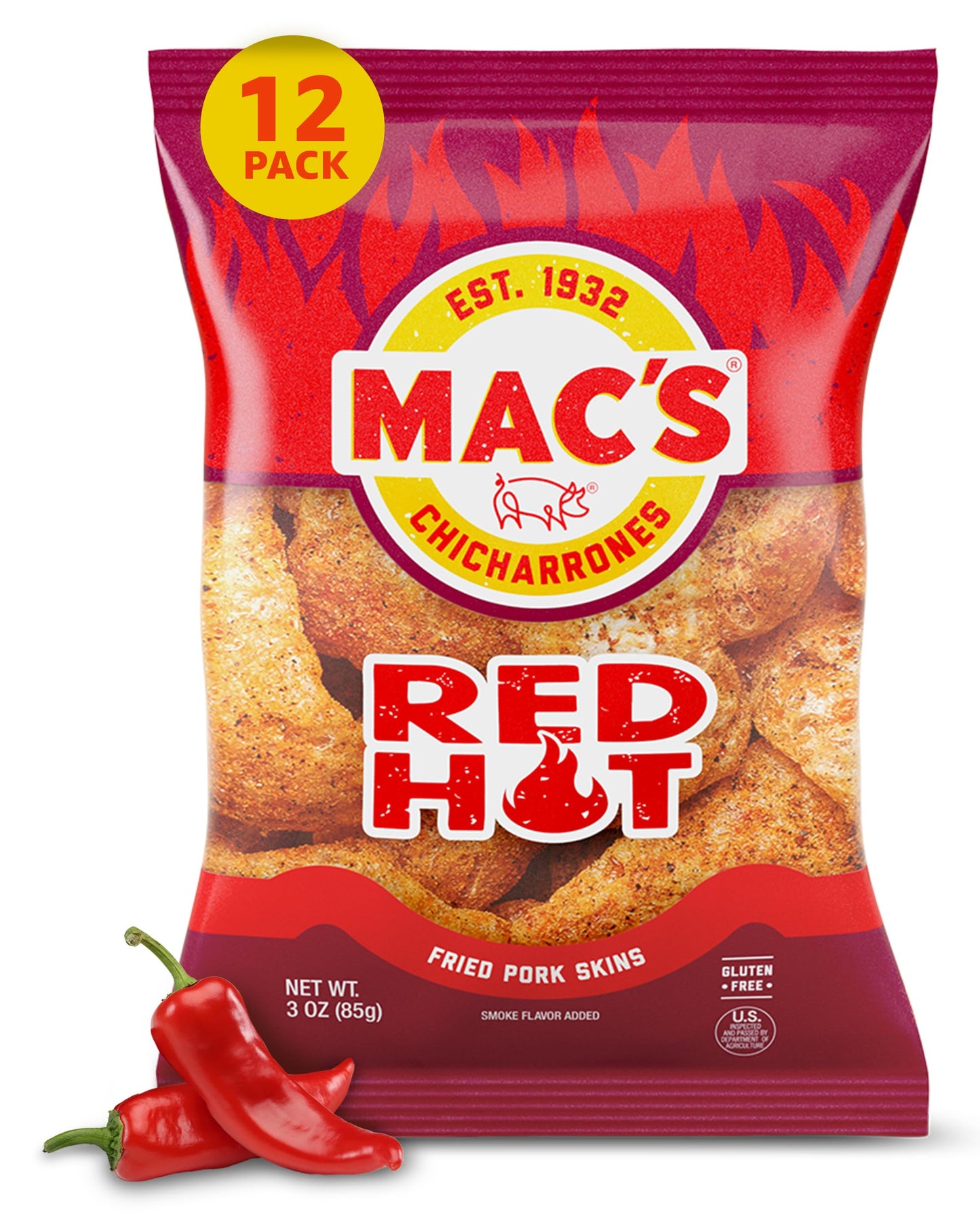 Macs Hot Fried Pork Skins - Hot Flavored Chicharrones Pork Rinds - Low Carb, Gluten-Free, Keto-Friendly Snack- 3oz (12-Pack)