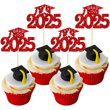 Gyufise 24Pcs Graduation Cupcake Toppers 2025 Red Glitter Class of 2025 Graduation Cupcake Topper Decorations Diploma Grad Cap C
